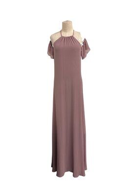 Nouvelle Amsale Dusty Mauve Halter Maxi Dress With Ruffled Cold-Shoulder Sleeves